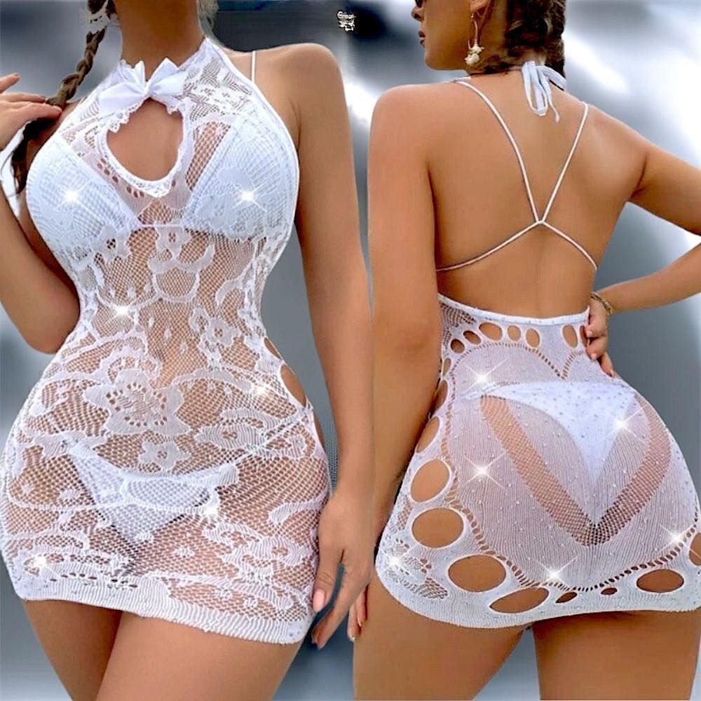 BodyCon l High-stretch l White l Rhinestone Tie-Back Mesh Top/Intimate/Bridal